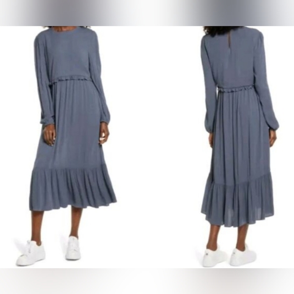 NWT Charles Henry Size Medium Gray Bohemian Ruffled Flowy Maxi Dress Neutral - Picture 12 of 12